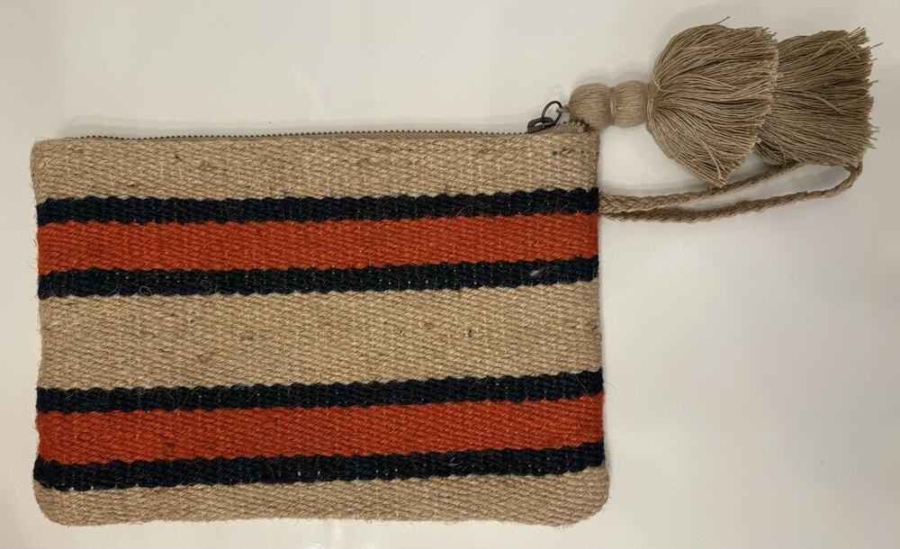 J. Jill Woven Jute Striped Wristlet Clutch Bag Tassel Orange Navy Tan Boho